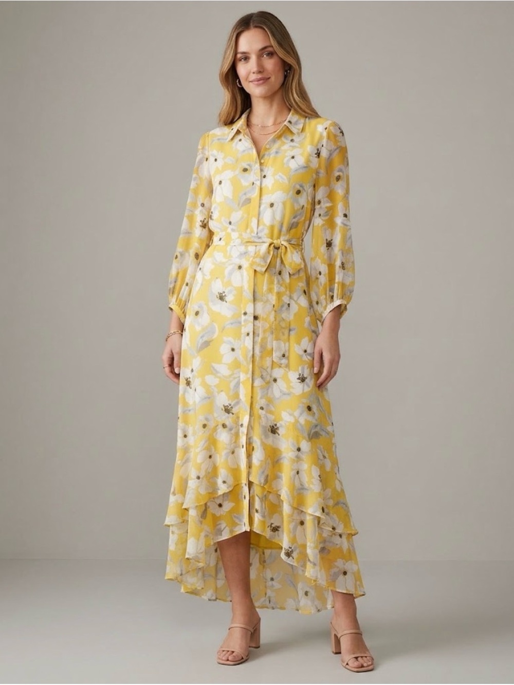 Banana Republic Yellow Floral High-Low Tie-Waist Midi Dress